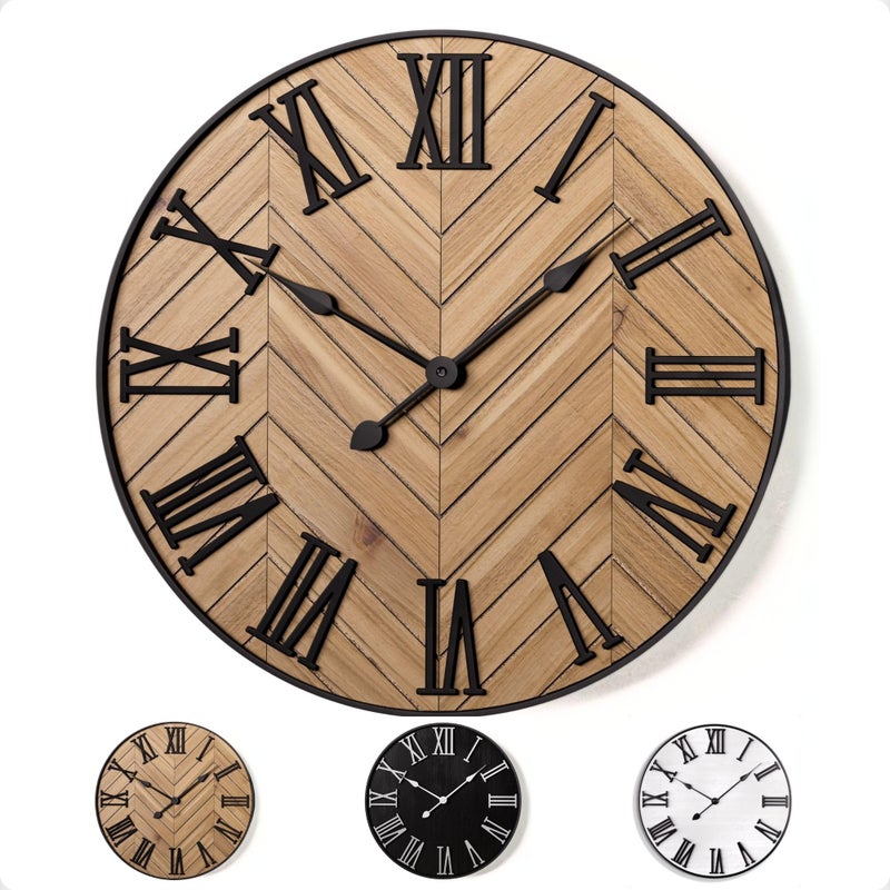 HB Design Co. Large Wall Clock 24" Round - Silent Metal & Wood Large Farmhouse Wall Clock For Living Room Decor with 3D Roman Numerals - No Ticking - Noiseless Big Wood Decorative Clocks for Living Room Decor - Image 1