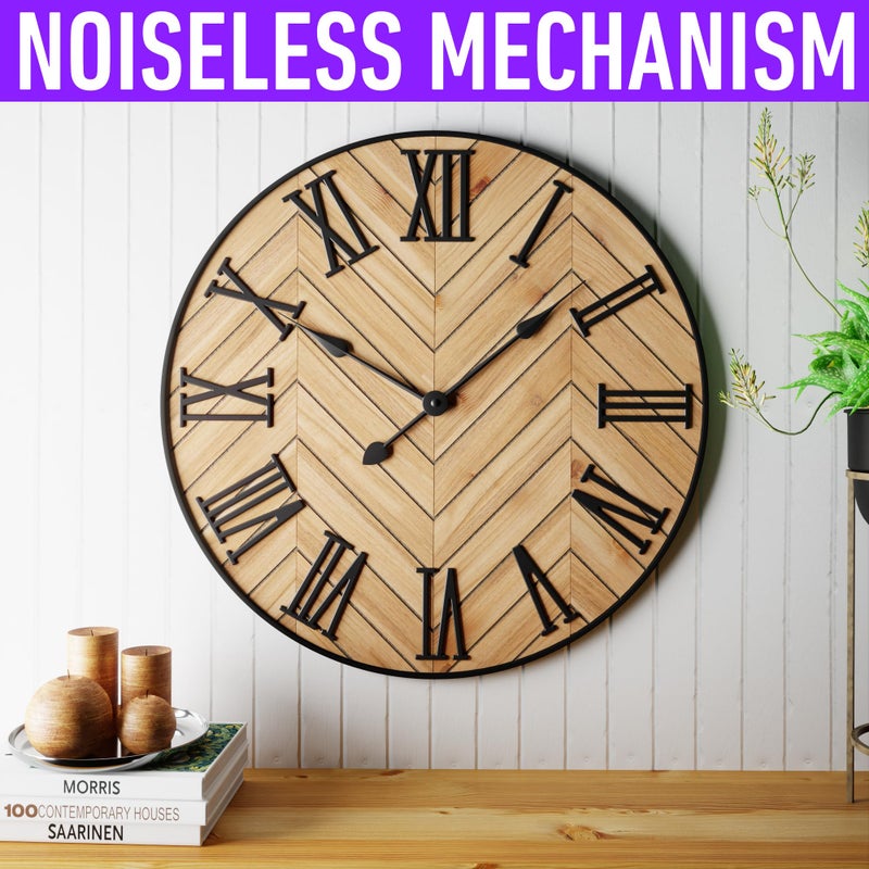 HB Design Co. Large Wall Clock 24" Round - Silent Metal & Wood Large Farmhouse Wall Clock For Living Room Decor with 3D Roman Numerals - No Ticking - Noiseless Big Wood Decorative Clocks for Living Room Decor - Image 3