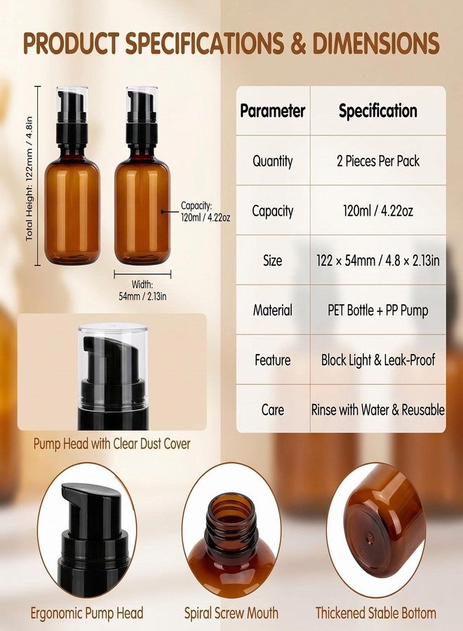 SYBL 2PCS 120ml/4oz Empty Amber Plastic Lotion Pump Bottles, BPA Free Refillable Leakproof Travel Container for Shampoo, Essential Oils, Cosmetics - Image 2