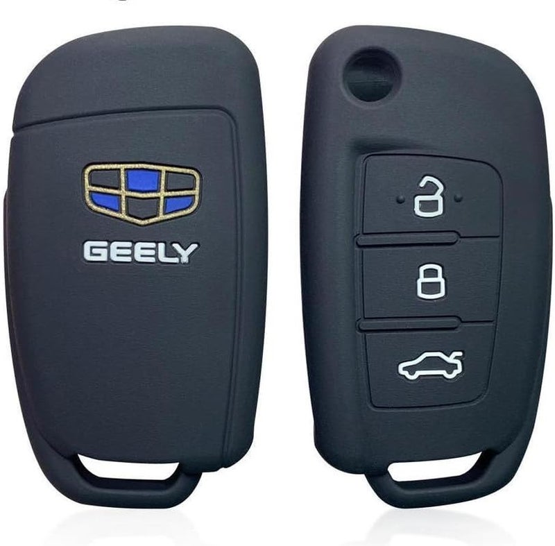 7Cylinder Silicone 3 Button Key Fob Cover for Geely - Waterproof with Keychain - Black (2 Pcs)