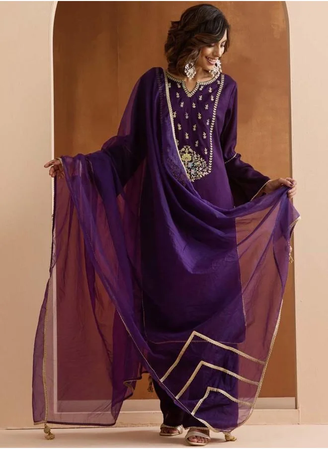 ISHIN Palazzo Women Purple Rayon Kurta Set with Embroidered pattern Tunic and Palazzo features a Round neckline and Three-Fourth Sleeve secured with Elastic closure and styled in Straight Fit ideal for Festive moments — a must-have for your statement wardrobe.