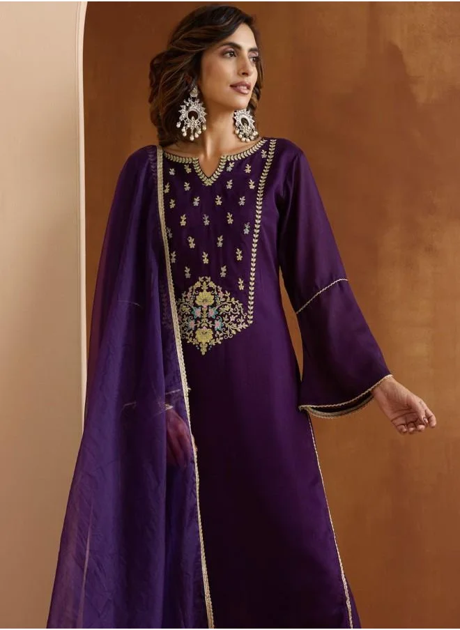 ISHIN Palazzo Women Purple Rayon Kurta Set with Embroidered pattern Tunic and Palazzo features a Round neckline and Three-Fourth Sleeve secured with Elastic closure and styled in Straight Fit ideal for Festive moments — a must-have for your statement wardrobe.