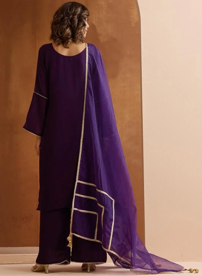 ISHIN Women's Purple Rayon Embroidered Tunic Full Length Palazzo Straight Fit Kurta Set
