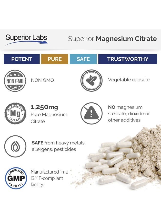 Superior Labs سترات المغنيسيوم - 100% غير معدلة وراثيًا آمنة من الإضافات، الستيرات، الجلوتين والمواد المسببة للحساسية الأخرى - جرعة قوية للنوم، التقلصات، التشنجات - 1,250 ملغ سترات، 120 كبسولة نباتية - Image 4