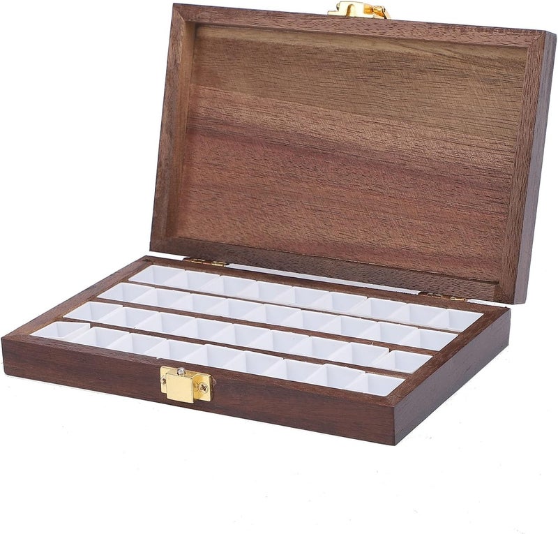 36 Wells Walnut Wood Watercolor Tray Palette, Empty Watercolor Palette, Lightweight and Compact for Travel, Removable with Lid - Image 1