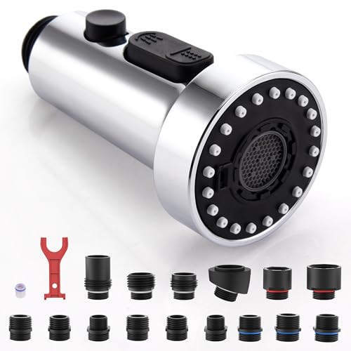 J-HVA Pull Down Kitchen Faucet Sprayer Head Replacement Part with 15 Connectors, 3 Function Pull Out Sink Sprayer Replacement Nozzle, Kitchen Faucet Head Hose Spray Tap Spout, Chrome - Image 1