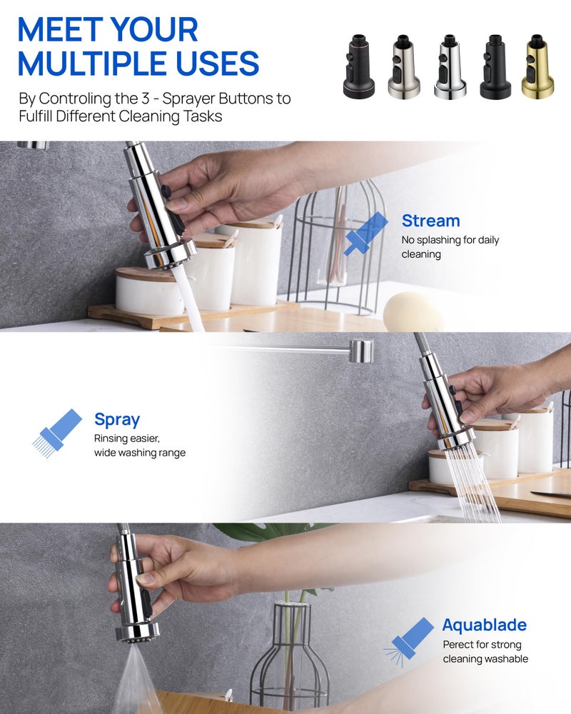 J-HVA Pull Down Kitchen Faucet Sprayer Head Replacement Part with 15 Connectors, 3 Function Pull Out Sink Sprayer Replacement Nozzle, Kitchen Faucet Head Hose Spray Tap Spout, Chrome - Image 2