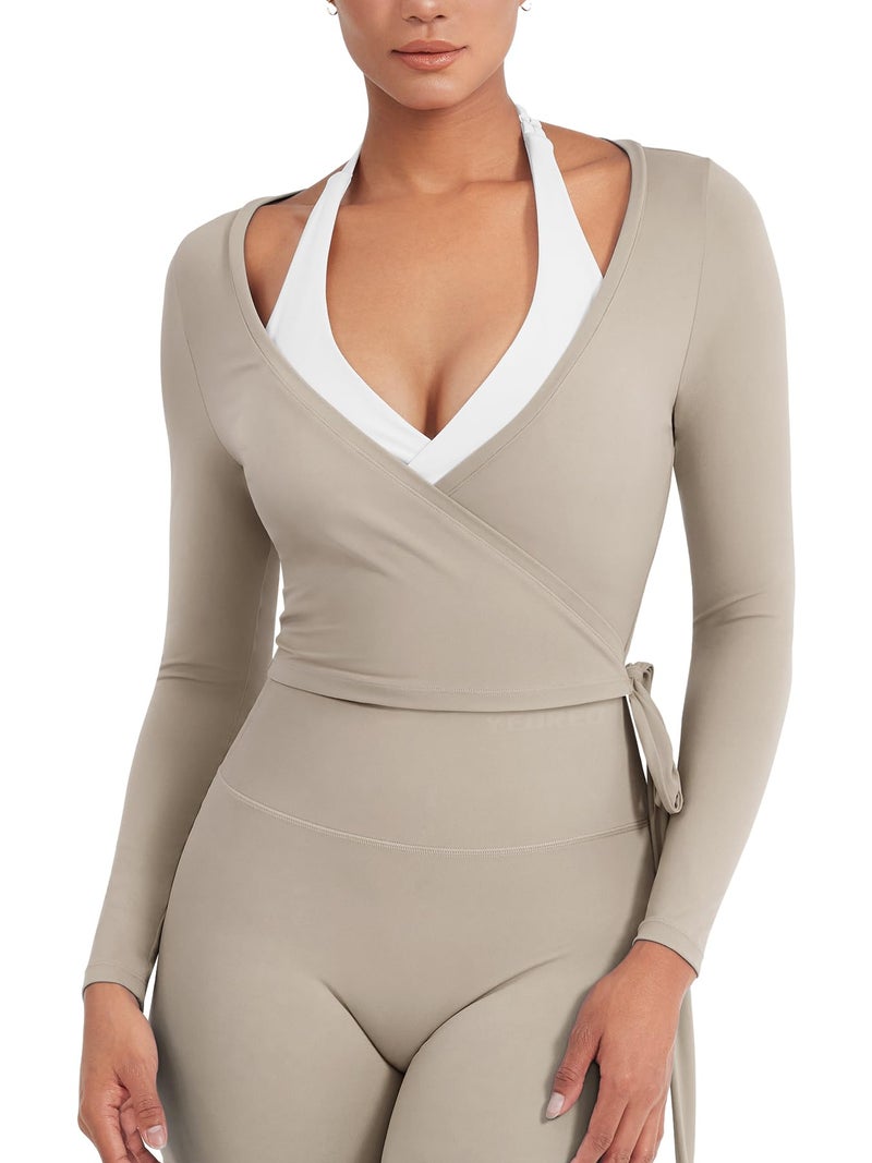YEOREO Women Pilates Wrap Top Long Sleeve Tie Ballet Workout Yoga Shirt Michelie Y2K V Neck Cropped Tops Light Sand M - Image 1