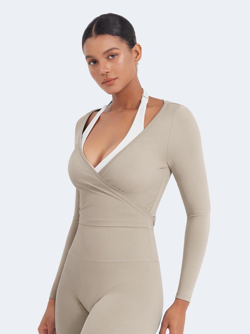 YEOREO Women Pilates Wrap Top Long Sleeve Tie Ballet Workout Yoga Shirt Michelie Y2K V Neck Cropped Tops Light Sand M - Image 3