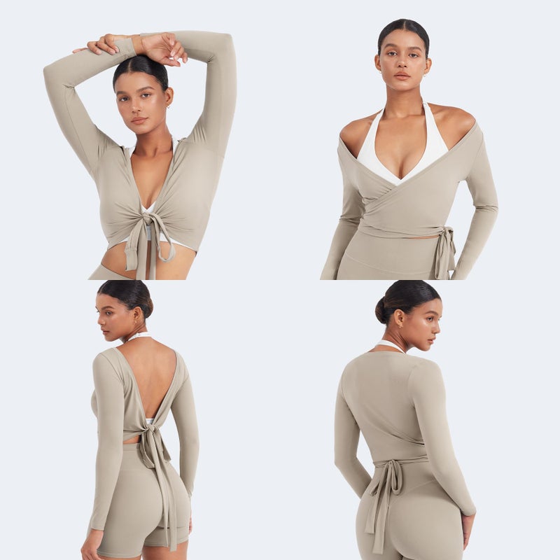 YEOREO Women Pilates Wrap Top Long Sleeve Tie Ballet Workout Yoga Shirt Michelie Y2K V Neck Cropped Tops Light Sand M - Image 5