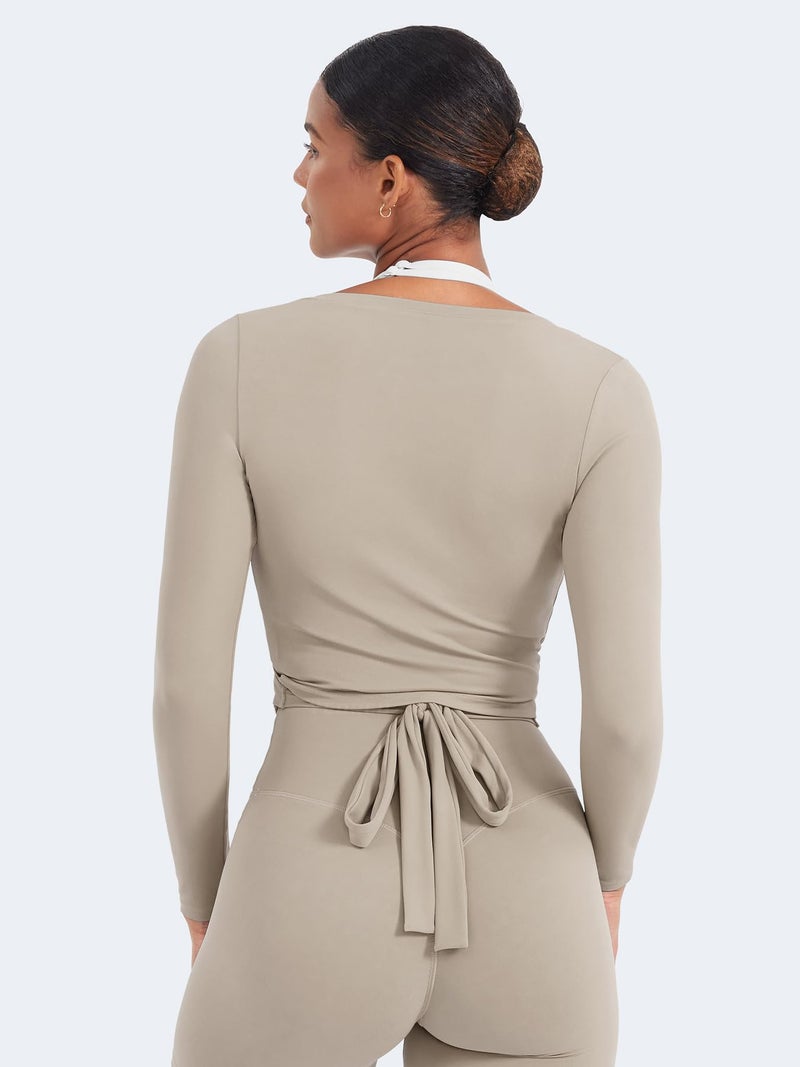 YEOREO Women Pilates Wrap Top Long Sleeve Tie Ballet Workout Yoga Shirt Michelie Y2K V Neck Cropped Tops Light Sand M - Image 4