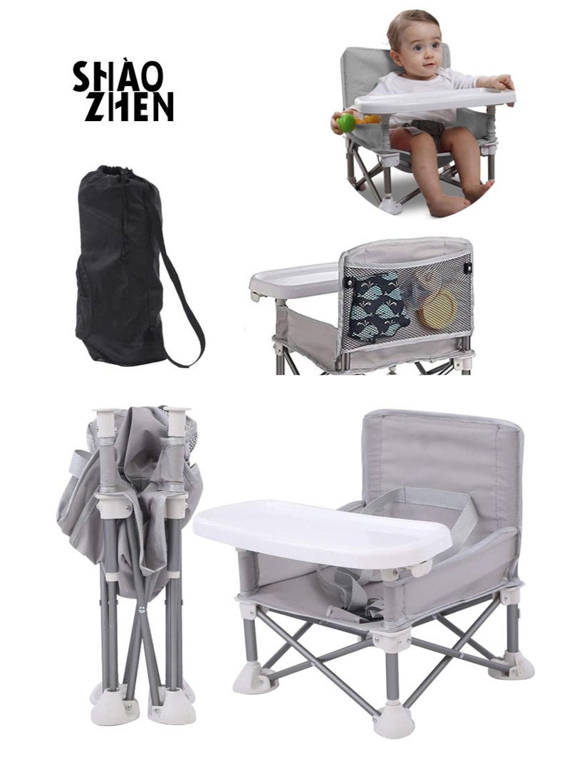 SHAOZHEN Baby Travel Booster Seat, Toddler Dining Chair with Removable Dining Tray, Portable Baby Seat for Feeding, Playing, Beach, Picnic (Grey) - Image 1