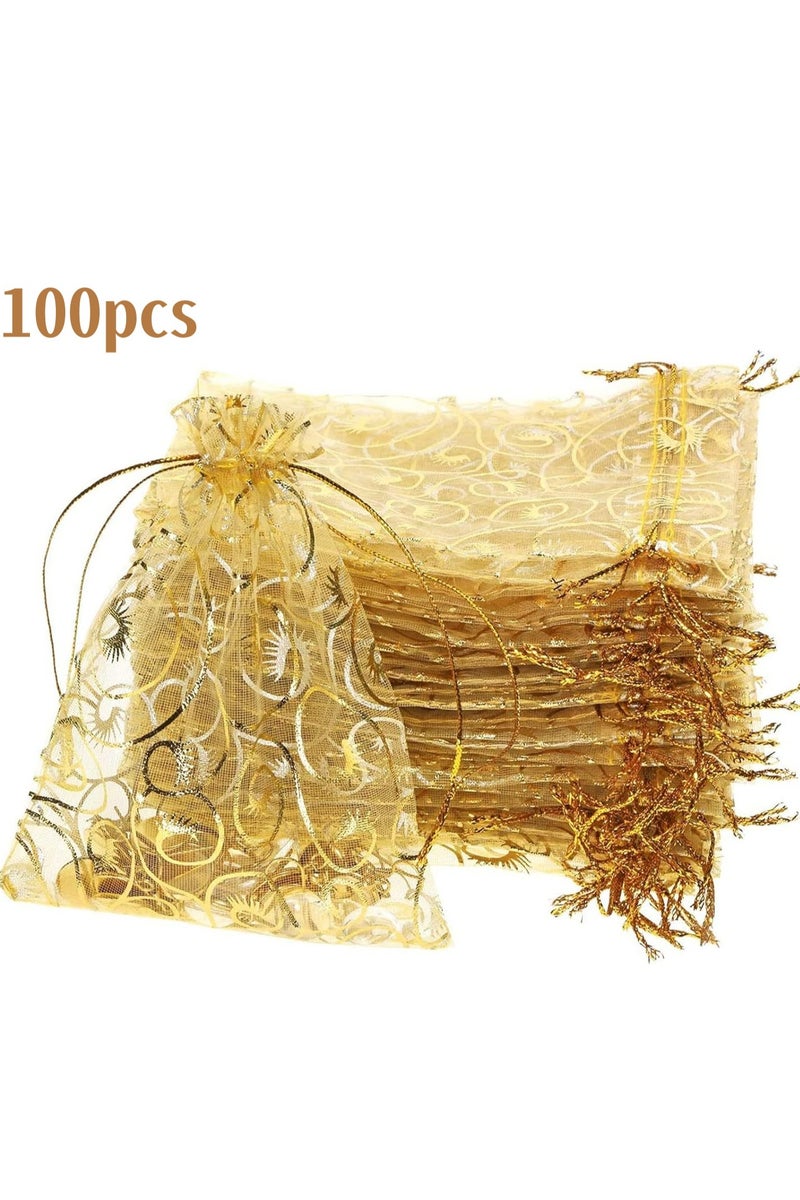 Generic 100PCS Gold Premium Sheer Organza Bags, 9*12 CM Wedding Favor Bags with Drawstring, Jewelry Gift Bags Makeup Favor Bags,net gift bags,drawstring goody bags for Party, Jewelry, Festival  - Image 1