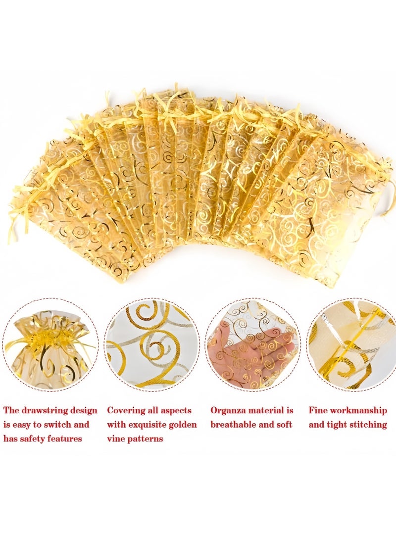 100 قطعة من أكياس الأورجانزا الشفافة الفاخرة باللون الذهبي، مقاس 9*12 سم، أكياس هدايا الزفاف مع رباط، حقائب هدايا المجوهرات، حقائب هدايا المكياج، حقائب هدايا شبكية، حقائب هدايا برباط للحفلات والمجوهرات والمهرجانات - Image 3
