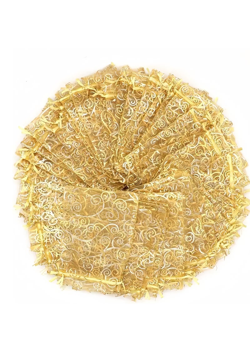 100 قطعة من أكياس الأورجانزا الشفافة الفاخرة باللون الذهبي، مقاس 9*12 سم، أكياس هدايا الزفاف مع رباط، حقائب هدايا المجوهرات، حقائب هدايا المكياج، حقائب هدايا شبكية، حقائب هدايا برباط للحفلات والمجوهرات والمهرجانات - Image 1