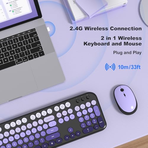 KNOWSQT Wireless Keyboard Mouse Combo - Lovely Blackpurple-Gradient Rainbow Full-Sized Typewriter Colorful Keyboards, Round Keycap Plug Play Retro Cute Keyboards for Windows, Laptop, PC, Desktop, Computer - Image 5