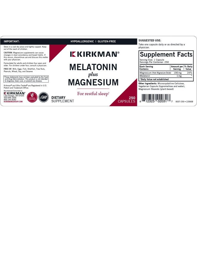 Kirkman Melatonin Plus Magnesium Capsules - Hypo - 250 Capsules - Image 3