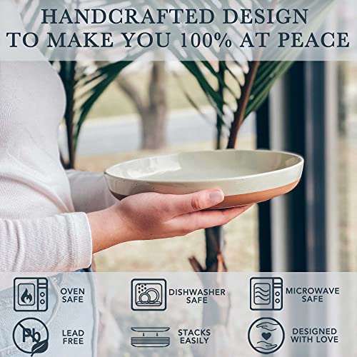 Mora Ceramic Flat Pasta Bowl Set of 4-35oz, Microwave Safe Plate with High Edge for Kitchen and Eating, Large Wide Bowls/Plates for Serving Dinner, Salad, etc- Neutrals - Image 3