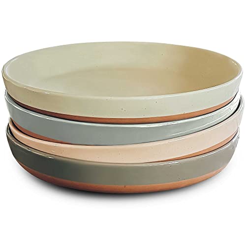 Mora Ceramic Flat Pasta Bowl Set of 4-35oz, Microwave Safe Plate with High Edge for Kitchen and Eating, Large Wide Bowls/Plates for Serving Dinner, Salad, etc- Neutrals - Image 1