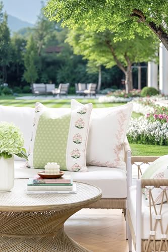 Hofdeco Premium Grandmillennial Patio Indoor Outdoor Throw Pillow Cover Only 20x20 Water Repellent for Backyard Couch Poolside Blush Pink Embroidered Leaves Frame - Image 3