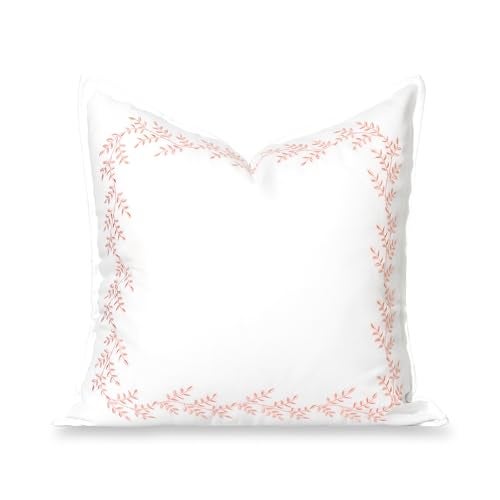 Hofdeco Premium Grandmillennial Patio Indoor Outdoor Throw Pillow Cover Only 20x20 Water Repellent for Backyard Couch Poolside Blush Pink Embroidered Leaves Frame - Image 1