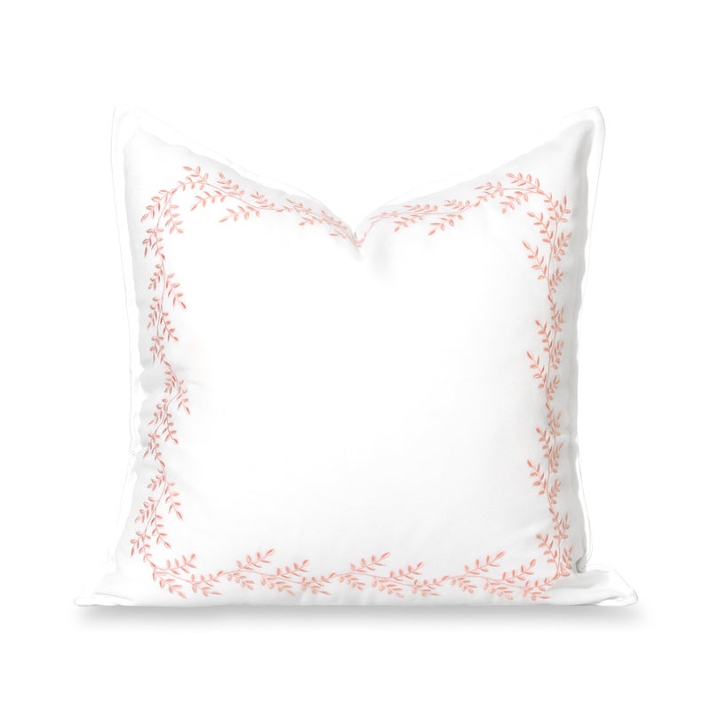 Hofdeco Premium Grandmillennial Patio Indoor Outdoor Throw Pillow Cover Only 20x20 Water Repellent for Backyard Couch Poolside Blush Pink Embroidered Leaves Frame - Image 2