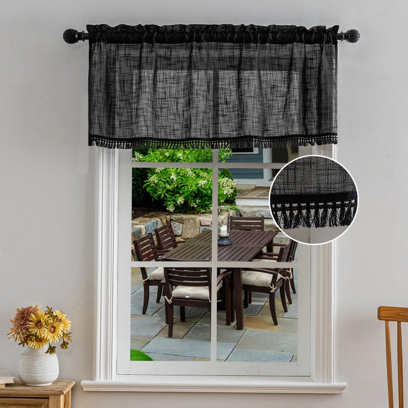 BD BEDA HOME Beda Home Tassel Linen Textured Swag Curtain Valance for Farmhouses Kitchen; Rustic Short Swag Topper for Small Windows Bedroom Privacy Added Rod Pocket Design(Black  52Wx18L - 1PC) - Image 1