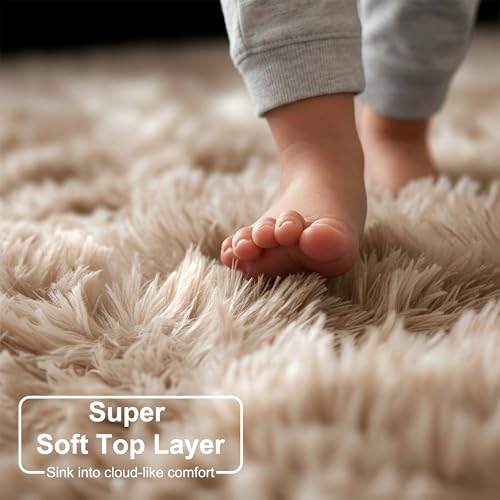 Amdrebio TieDyed Beige Tan Round Area Rug 4Ft for Bedroom Fluffy Plush Shag Furry Circle Rugs for Kids Room Living Room Decor Aesthetic Cute Fuzzy Neutral Carpet for Baby Nursery Playroom Dorm - Image 3