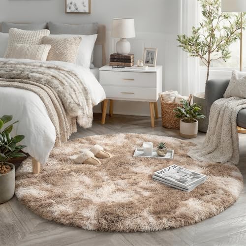 Amdrebio TieDyed Beige Tan Round Area Rug 4Ft for Bedroom Fluffy Plush Shag Furry Circle Rugs for Kids Room Living Room Decor Aesthetic Cute Fuzzy Neutral Carpet for Baby Nursery Playroom Dorm - Image 1