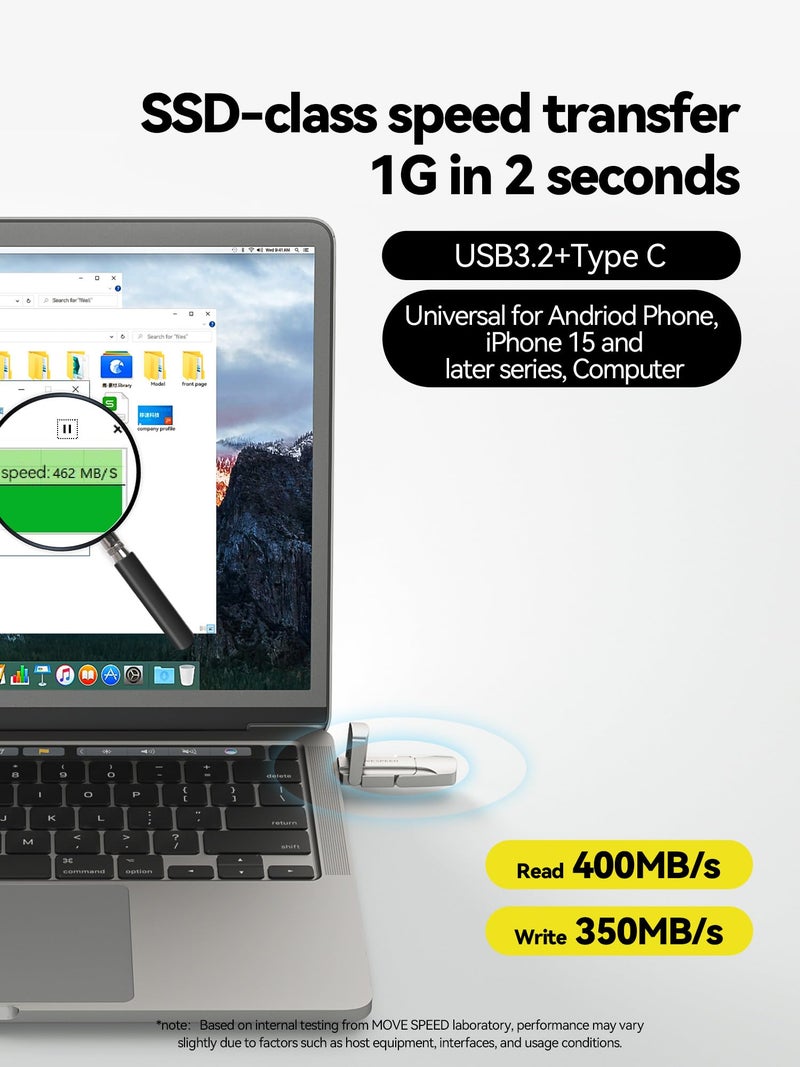 سرعة الحركة MOVE SPEED 256GB Solid State Flash Drive 400MB/s High Speed Type C + USB 3.2 Drive Dual Port, Thumb Drive Compatible with iPhone 15, 16 Series/Android Phone/MacBook/Audio/Smart TV(1 Pack) - Image 2