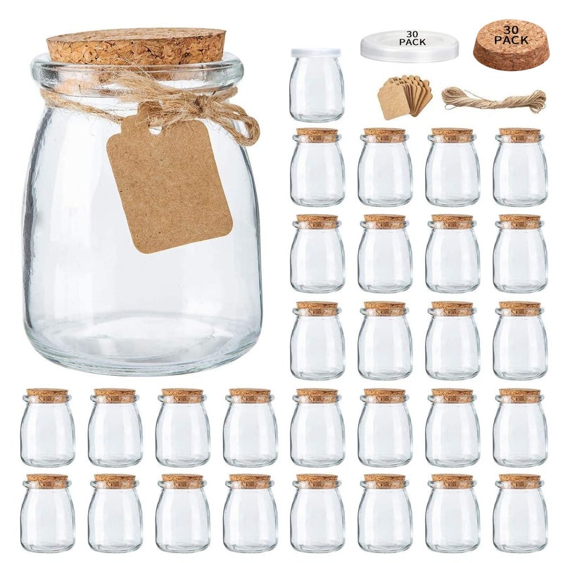 Brajttt Mini Yogurt Jars 30 Pack 7 oz Glass Favor Jars with Cork Lids Pudding Containers with Lids Mason Jar Wedding Favors Honey Pot with Label Tags and String