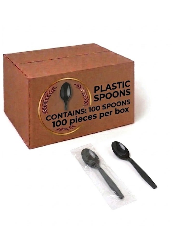 Premium black plastic spoon , individually wrapped – 17 cm | Pack of 100 for restaurants, cafes, and parties - Image 1