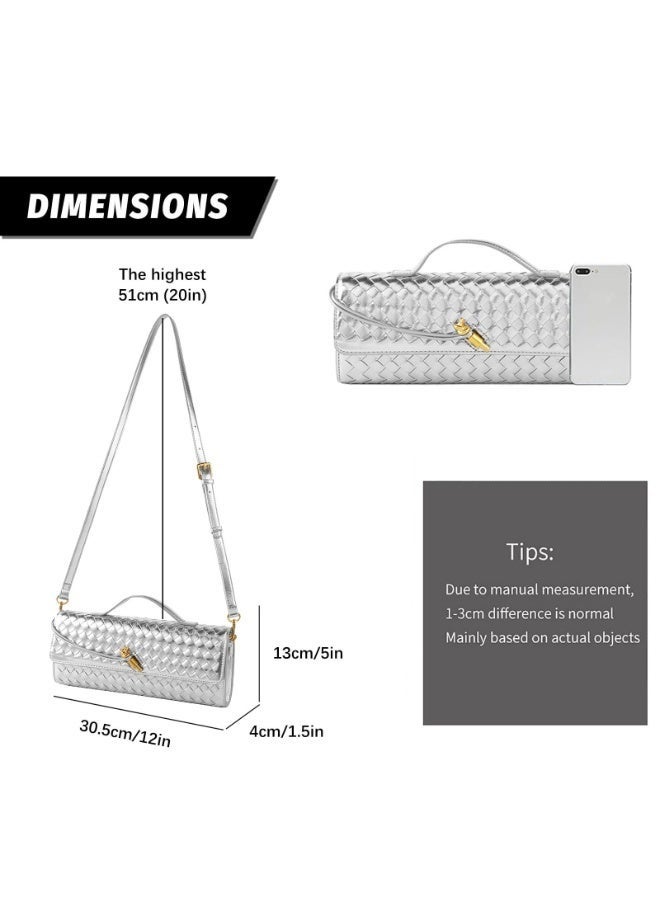 Arabest Woven Purse for Women, Evening Clutch Woven Leather & Suede Handbags Crossbody Bag, Suede Purse Formal Evening Bag, Pu Leather Woven Bag Purse, Gifts for Mather (Silver) - Image 2