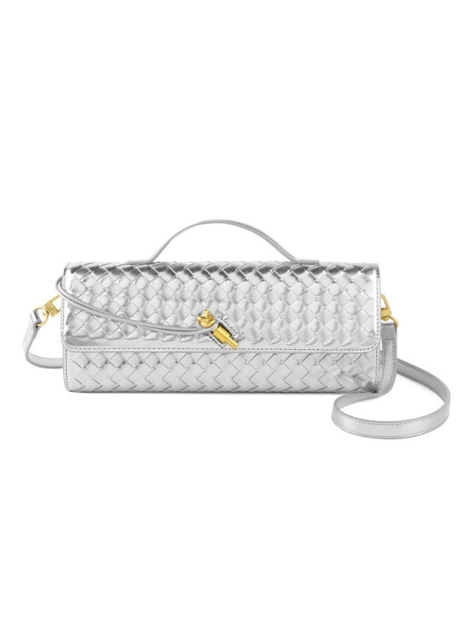 Arabest Woven Purse for Women, Evening Clutch Woven Leather & Suede Handbags Crossbody Bag, Suede Purse Formal Evening Bag, Pu Leather Woven Bag Purse, Gifts for Mather (Silver) - Image 1