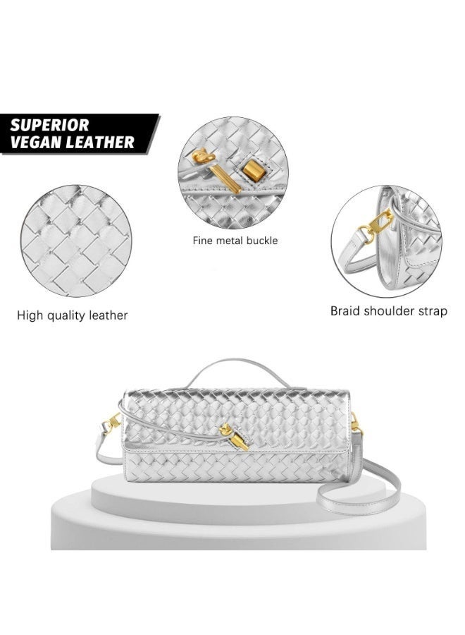 Arabest Woven Purse for Women, Evening Clutch Woven Leather & Suede Handbags Crossbody Bag, Suede Purse Formal Evening Bag, Pu Leather Woven Bag Purse, Gifts for Mather (Silver) - Image 3