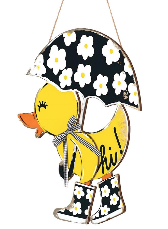 Menkxi Hello Spring Door Sign for Front Door Wooden Spring Doors Hanger Wreath Rustic Floral Yellow Duck Porch Decor with Bow Hanging Decorations for Indoor Outdoor Home Porch Wall Easter Decor - Image 1
