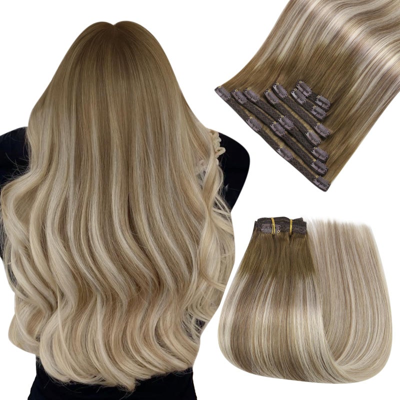 Easyouth Clip in Hair Extensions Balayage Remy Human Hair Extensions Clip ins Dark Brown Ombre Light Brown with Blonde Clips in Extension for Short Straight Hair 12 Inch 80G 7Pcs