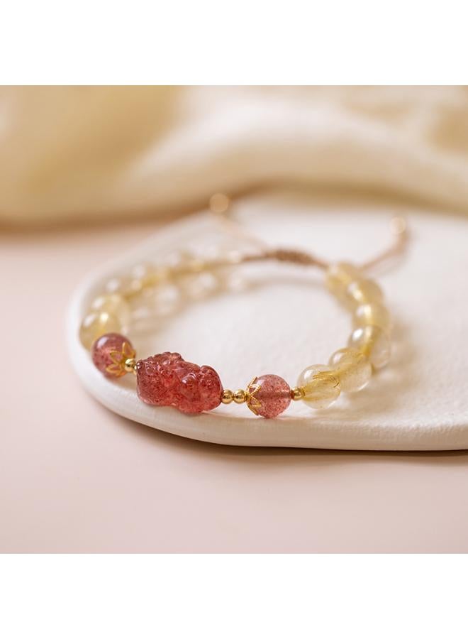 Natural Strawberry Crystal Bracelet Female Braided Rope Pink Crystal Crystal Crystal Bracelet Light Luxury Girl Bracelet