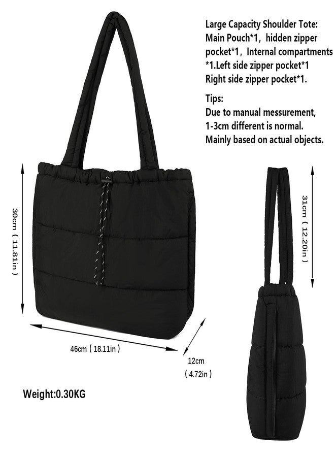 Queenoris Puffer Tote Bag for Women, Large Quilted Lightweight Satchel Purse Travel Gym Bag, Black - Image 3