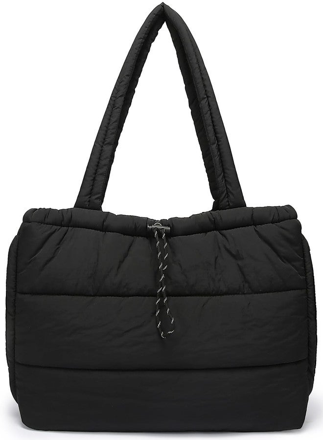 Queenoris Puffer Tote Bag for Women, Large Quilted Lightweight Satchel Purse Travel Gym Bag, Black - Image 1