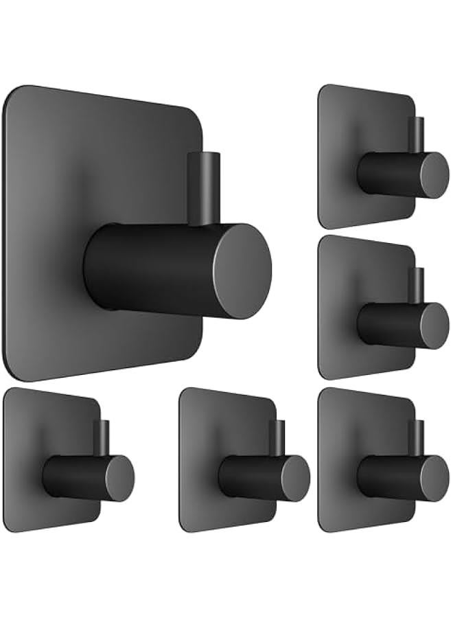 6 Pack Adhesive Wall Hooks for Hanging - Waterproof Shower Hooks, Heavy Duty Towel Hooks for Bathrooms, Kitchens, and Offices (Black) - Image 1