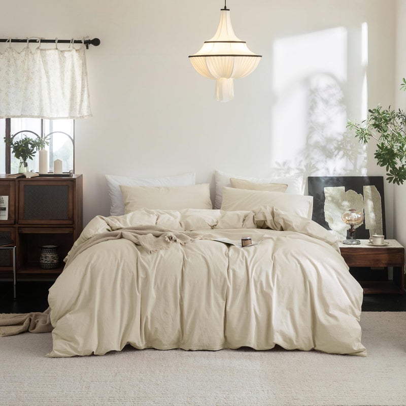 FOSSA Duvet Cover Set 100% Washed Cotton Linen Feel Super Soft Breathable Cozy 3 Pieces Bedding Sets Solid Almond Grey King - Image 1