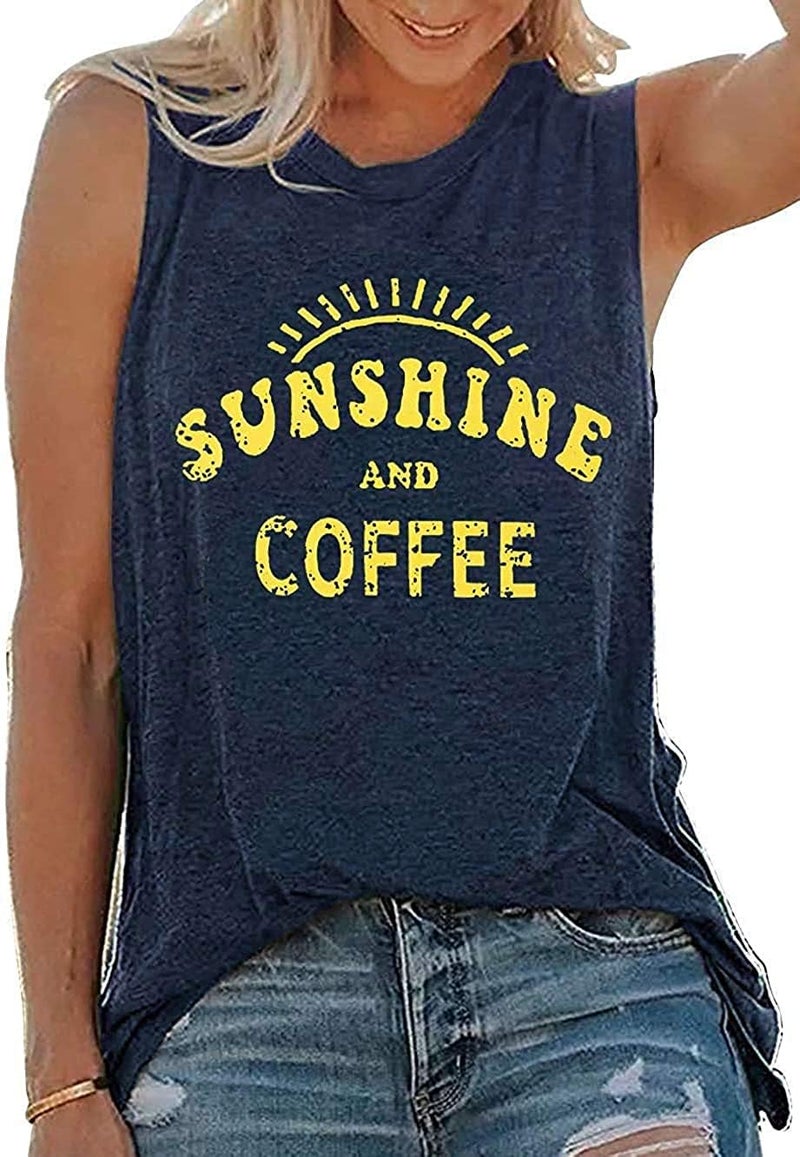 rosemia Tank Tops for Women Summer Sunshine and Coffee Graphic T-Shirts Sleeveless Casual Ladies Loose Tunic Blouse(Sunshine Deep Blue, L) - Image 1