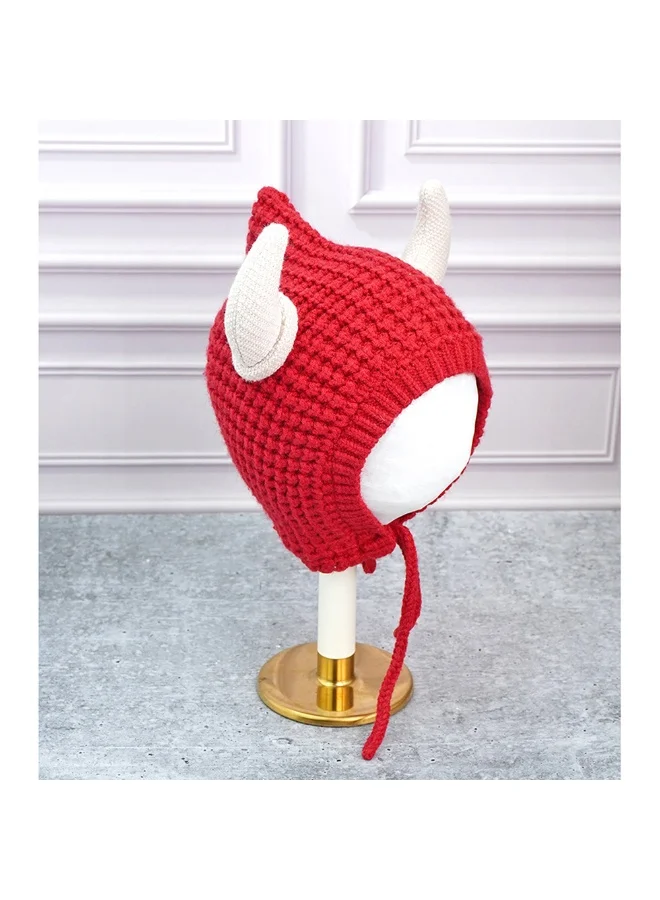 LITTLE SURPRISE BOX Red Baby Horns Knitted Soft Woolen Winter Cap With Tie Up 6-18 Months