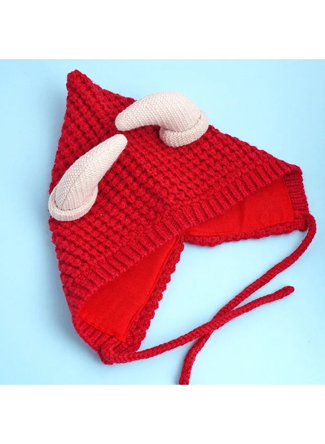 LITTLE SURPRISE BOX Red Baby Horns Knitted Soft Woolen Winter Cap With Tie Up 6-18 Months