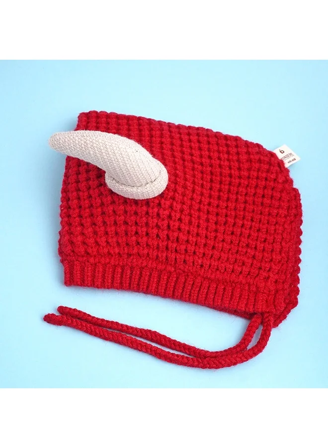 LITTLE SURPRISE BOX Red Baby Horns Knitted Soft Woolen Winter Cap With Tie Up 6-18 Months