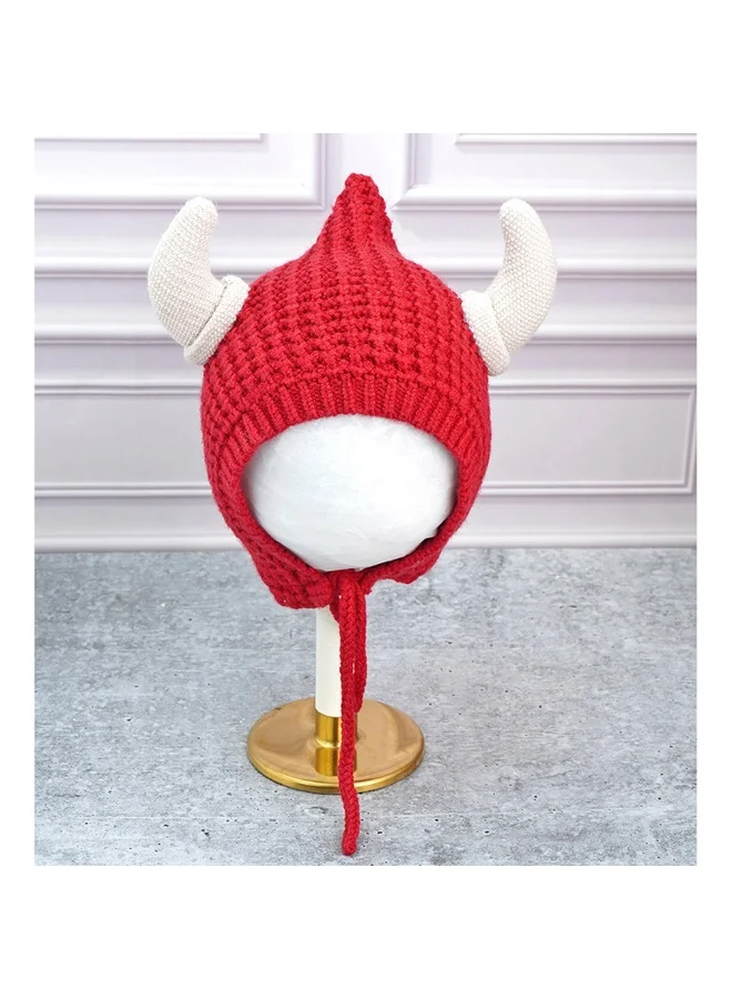 LITTLE SURPRISE BOX Red Baby Horns Knitted Soft Woolen Winter Cap With Tie Up 6-18 Months