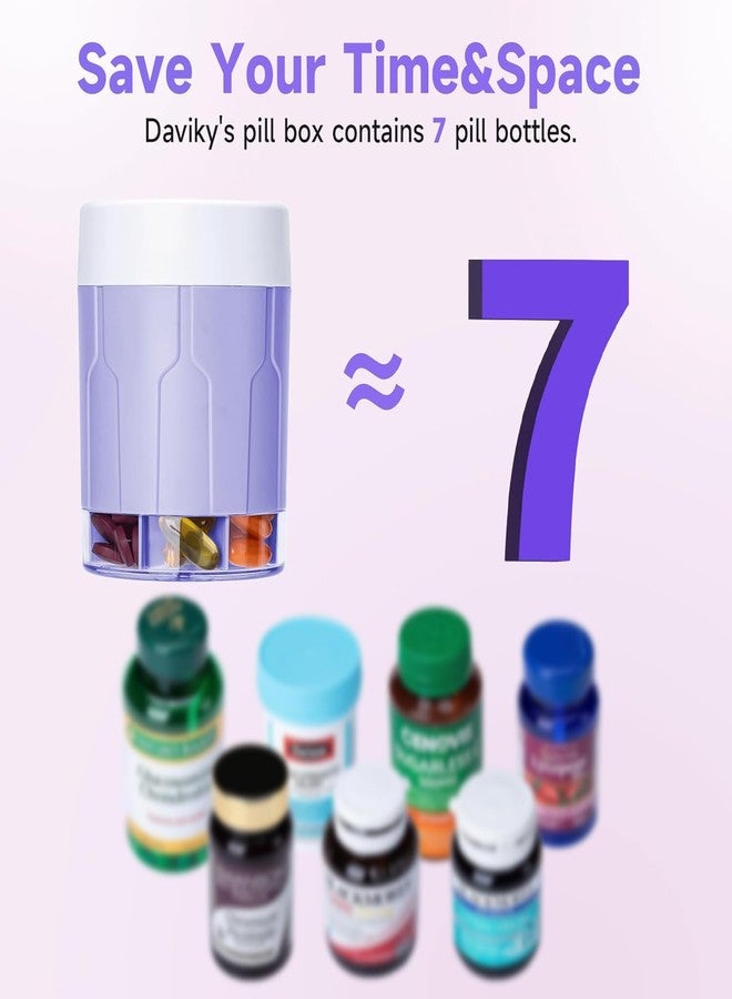 Daviky Pill Bottle Organizer, Supplement Organizer with 7 Large Compartments, Travel Pill Dispenser Round Pill Box with Two Lids（Purple） - Image 2