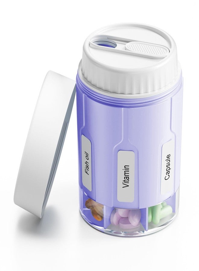 Daviky Pill Bottle Organizer, Supplement Organizer with 7 Large Compartments, Travel Pill Dispenser Round Pill Box with Two Lids（Purple） - Image 1