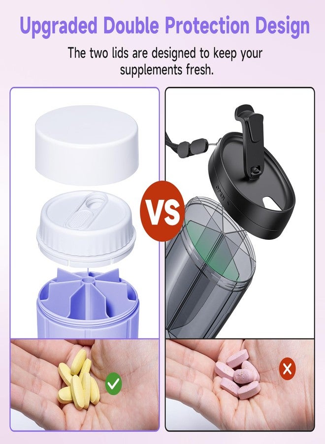 Daviky Pill Bottle Organizer, Supplement Organizer with 7 Large Compartments, Travel Pill Dispenser Round Pill Box with Two Lids（Purple） - Image 4